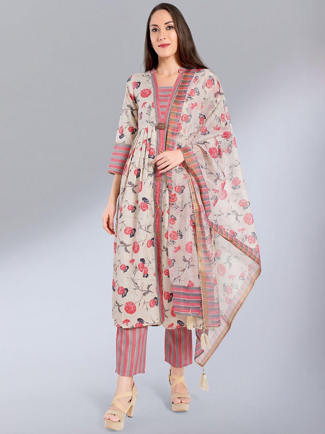 madhuram women pink floral printed pleated kurta with trousers & with dupatta