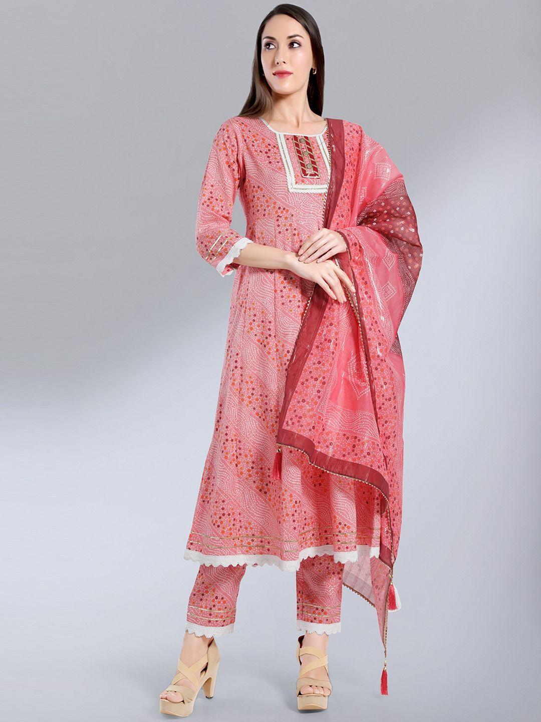 madhuram women pink printed empire kurta with trousers & with dupatta