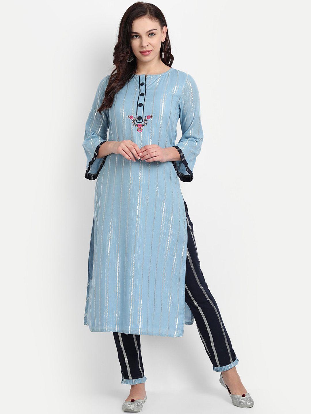 madhuram women turquoise blue striped pleated kurti with trousers