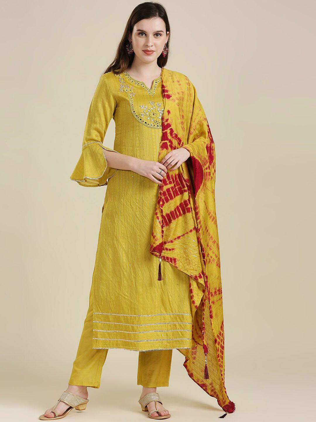 madhuram women yellow embroidered aari work chanderi cotton kurta with trousers & with dupatta