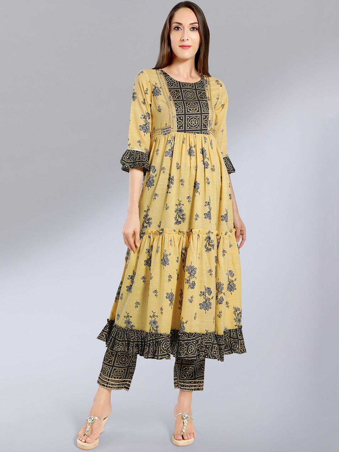 madhuram women yellow floral printed kurta with trousers