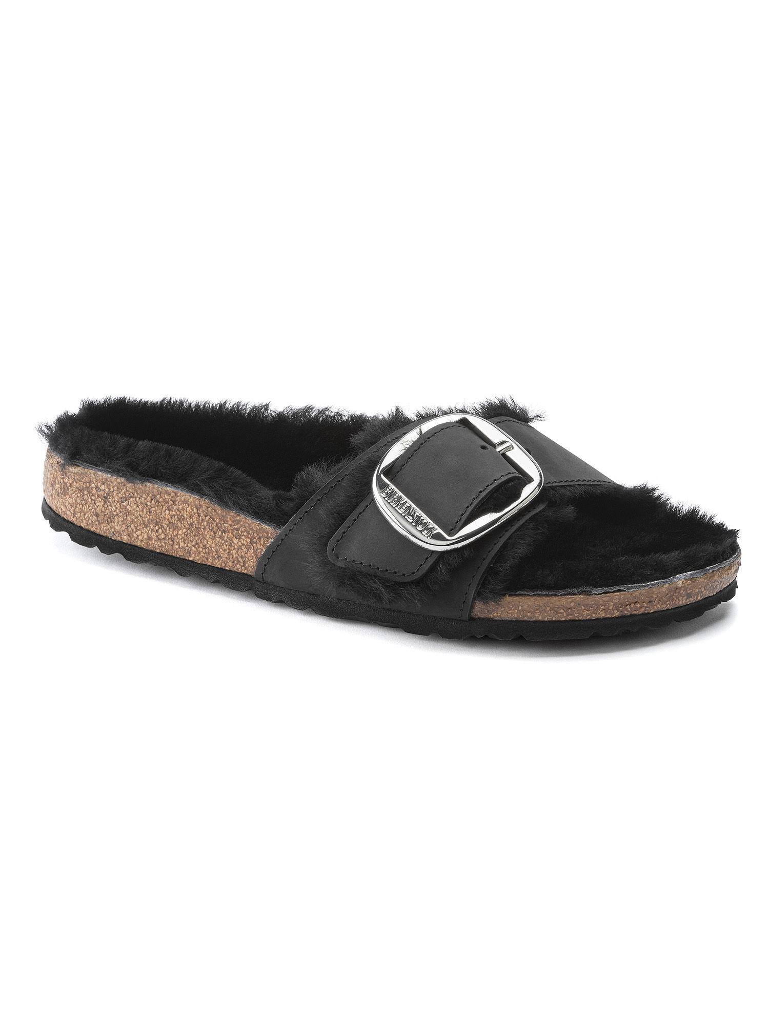 madrid big buckle shearling black narrow casual women sliders