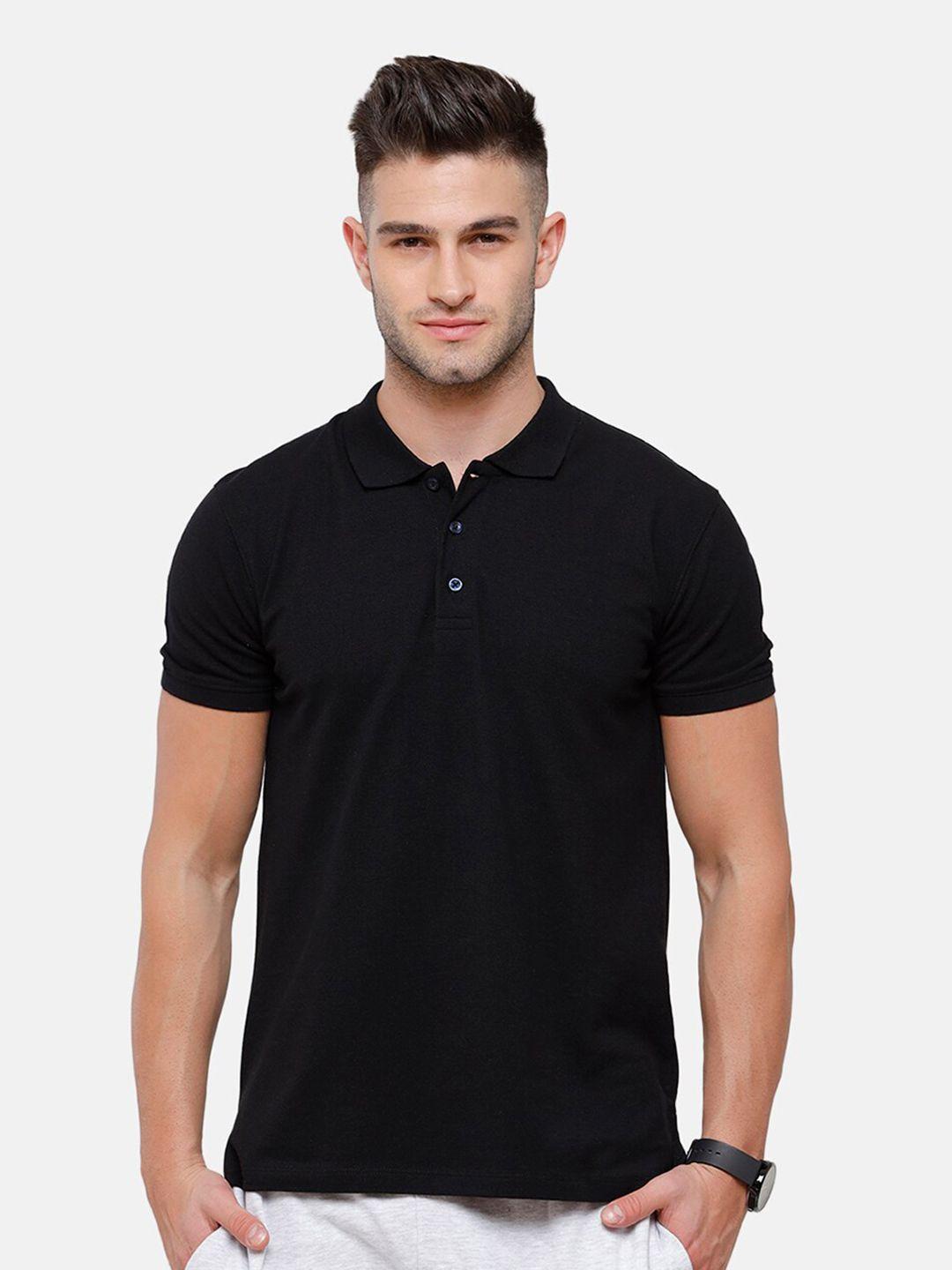 madsto men black polo collar slim fit pure cotton t-shirt