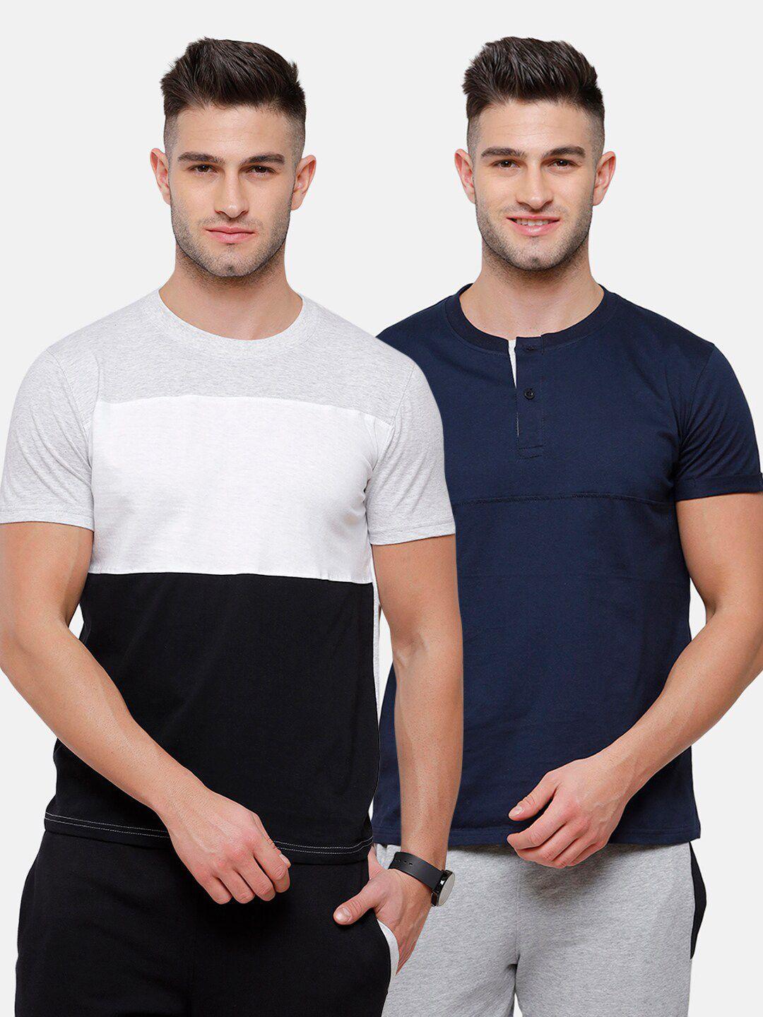 madsto men navy blue 2 colourblocked henley neck slim fit t-shirt