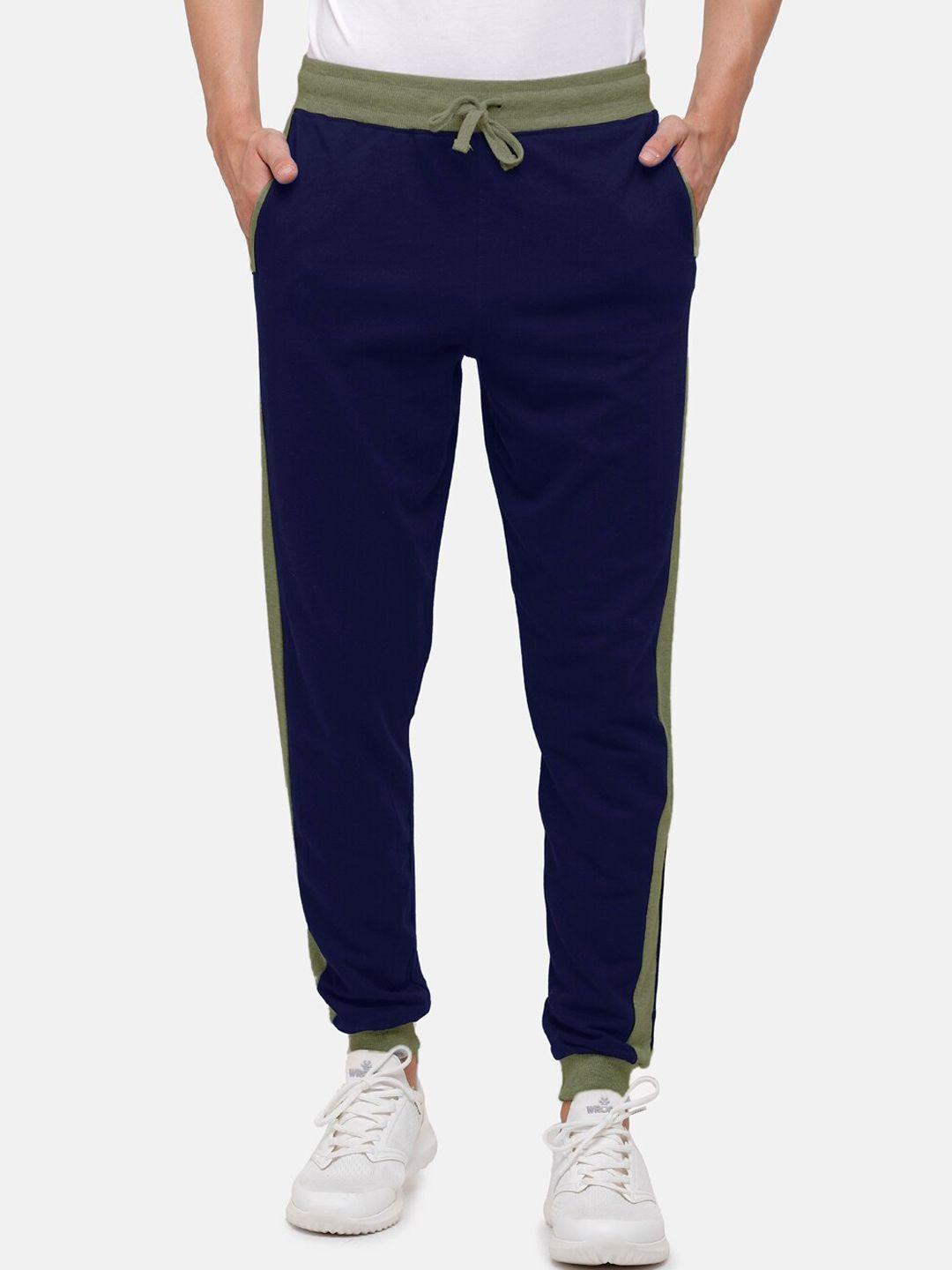 madsto men olive & blue colourblocked slim-fit track pants