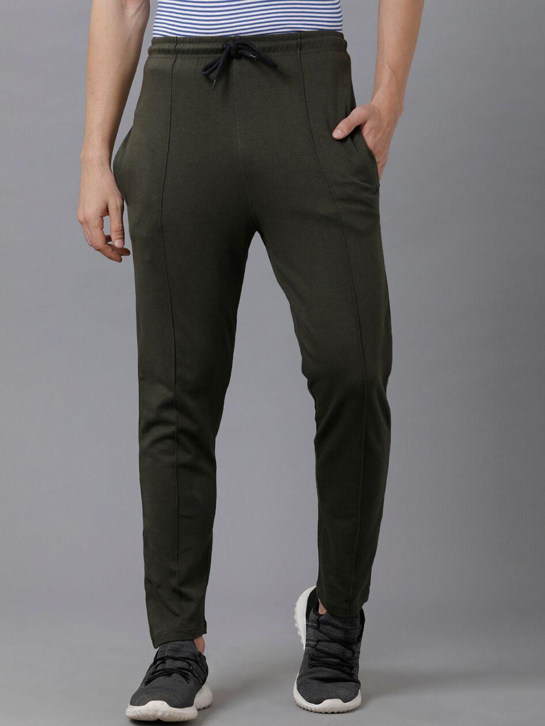 madsto men olive green solid pure cotton slim-fit track pants