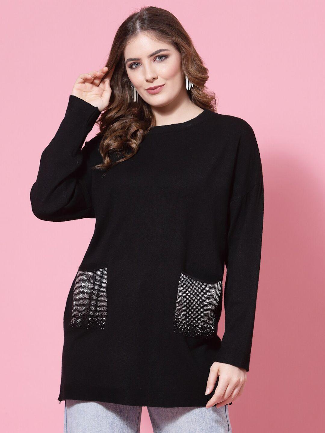mafadeny women black & silver-toned longline pullover with embellished detail
