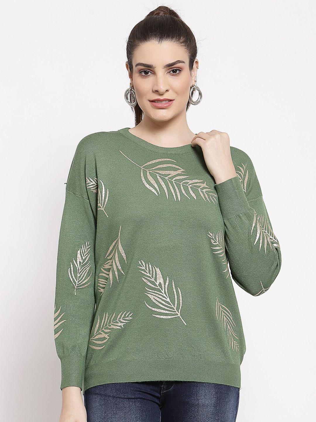 mafadeny women green & gold-toned floral printed pullover