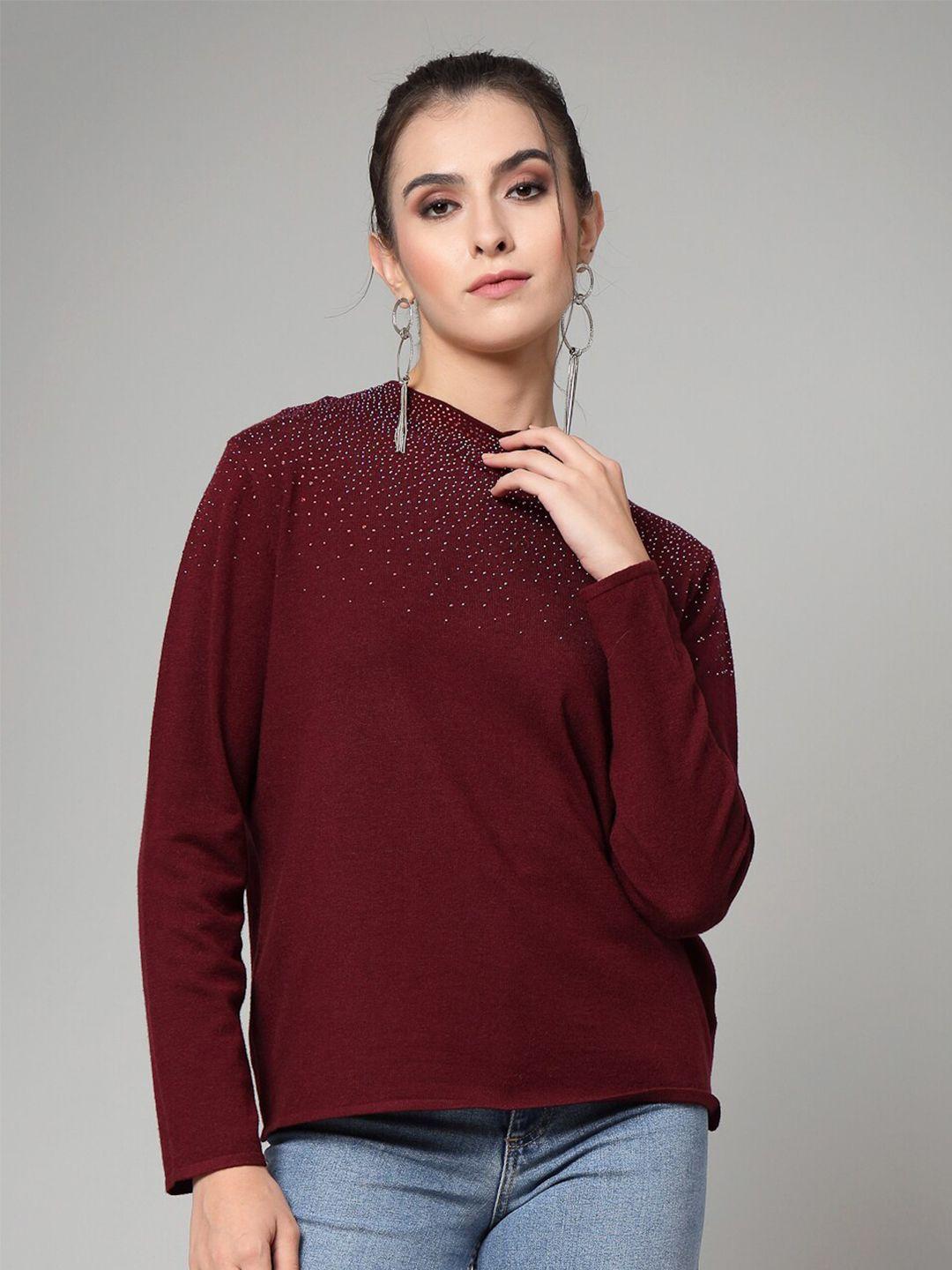 mafadeny women maroon & silver-toned embroidered pullover with embellished detail