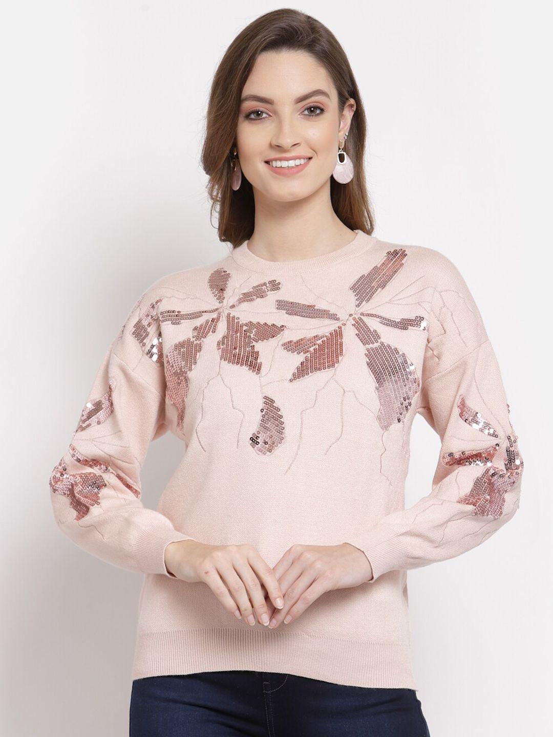 mafadeny women peach-coloured floral embellished pullover