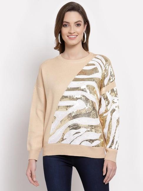 mafadeny beige embellished round neck sweater