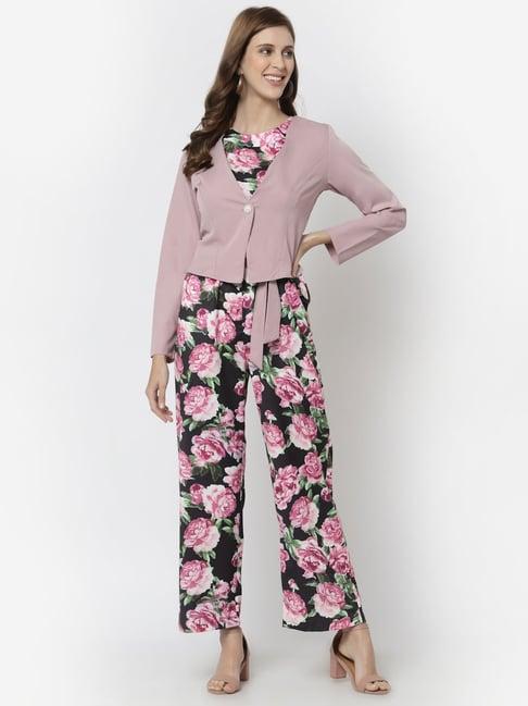 mafadeny black & pink floral print jumpsuit with jacket