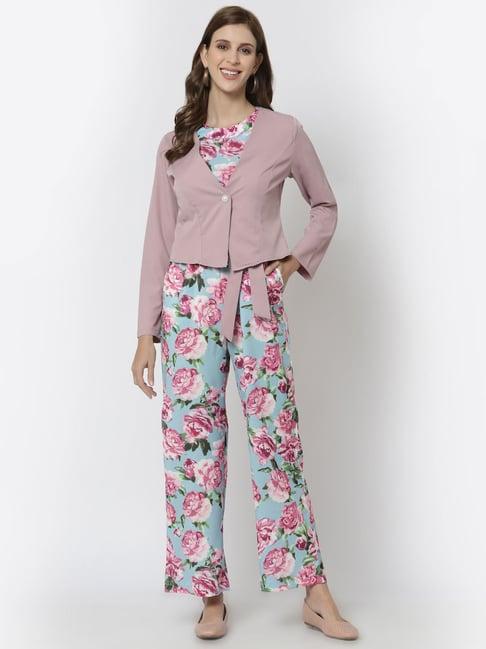 mafadeny blue & pink floral print jumpsuit with jacket