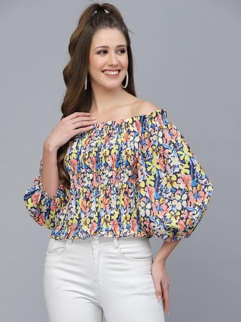 mafadeny blue & white floral print top