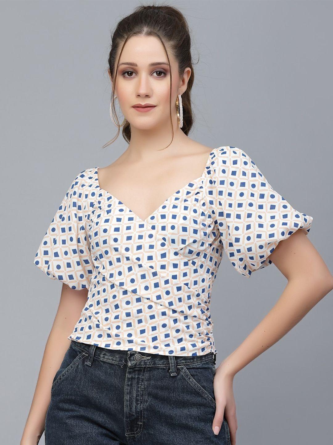 mafadeny geometric printed puff sleeves v-neck wrap top