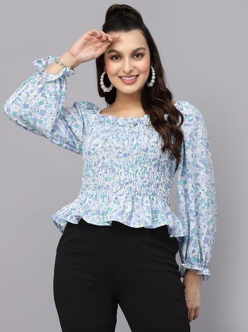 mafadeny light blue & white floral print top