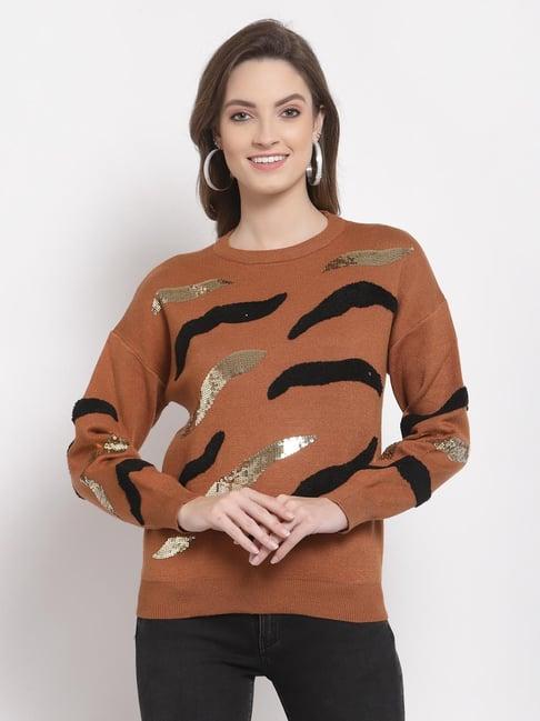 mafadeny light brown embellished round neck sweater