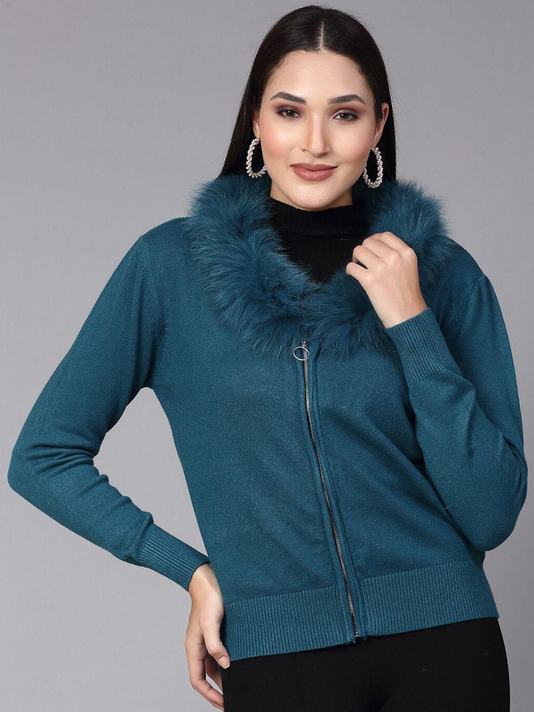 mafadeny long sleeves front-open sweater with faux fur