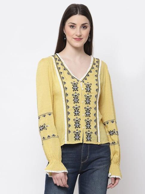 mafadeny mustard embroidered top