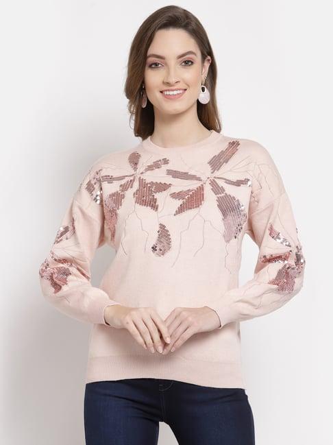 mafadeny peach embellished round neck sweater