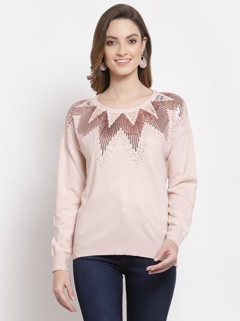 mafadeny peach embellished round neck sweater