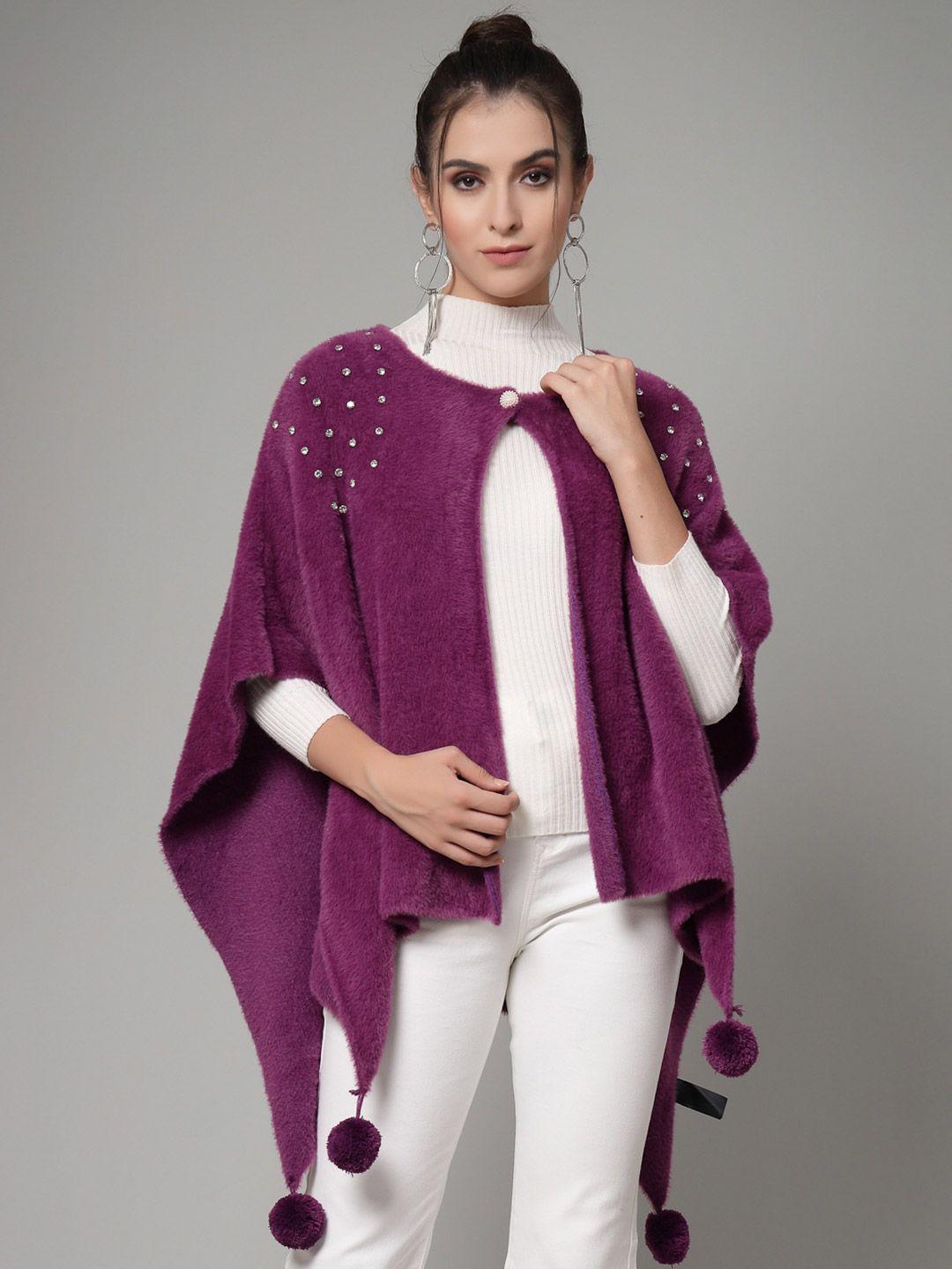 mafadeny round neck embellished poncho sweater