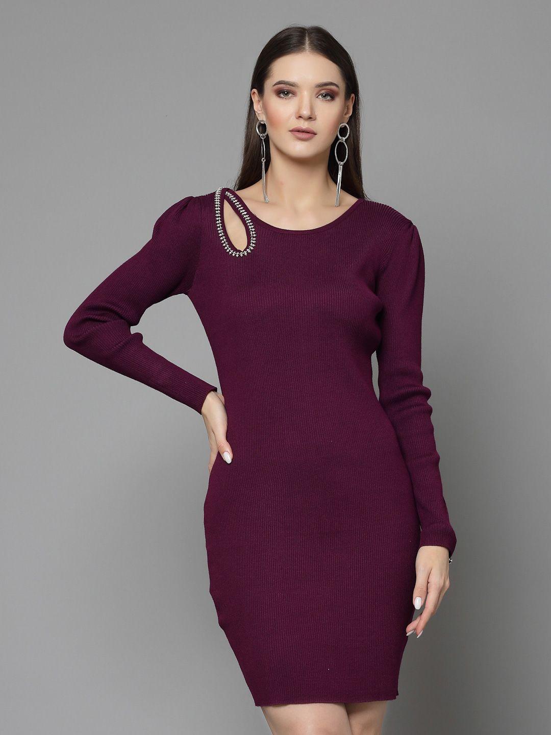 mafadeny round neck long sleeves cut-outs beads & stones bodycon dress