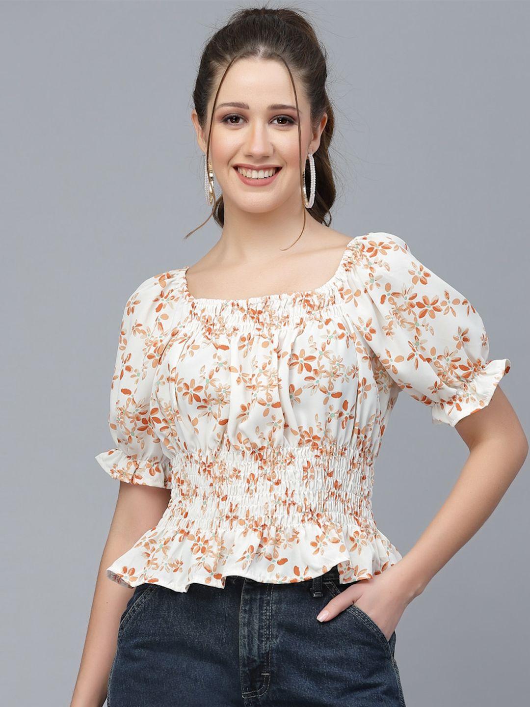 mafadeny rust floral print cinched waist top