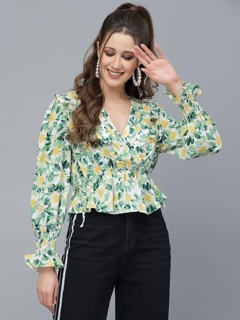 mafadeny white & green floral print top