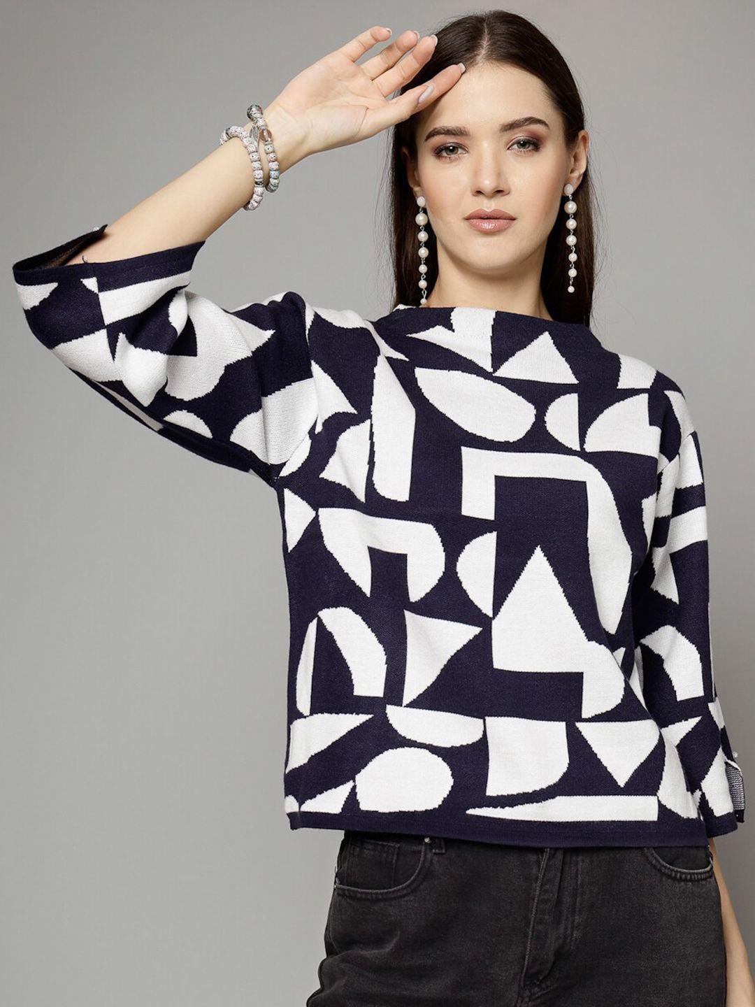 mafadeny women blue & white printed pullover