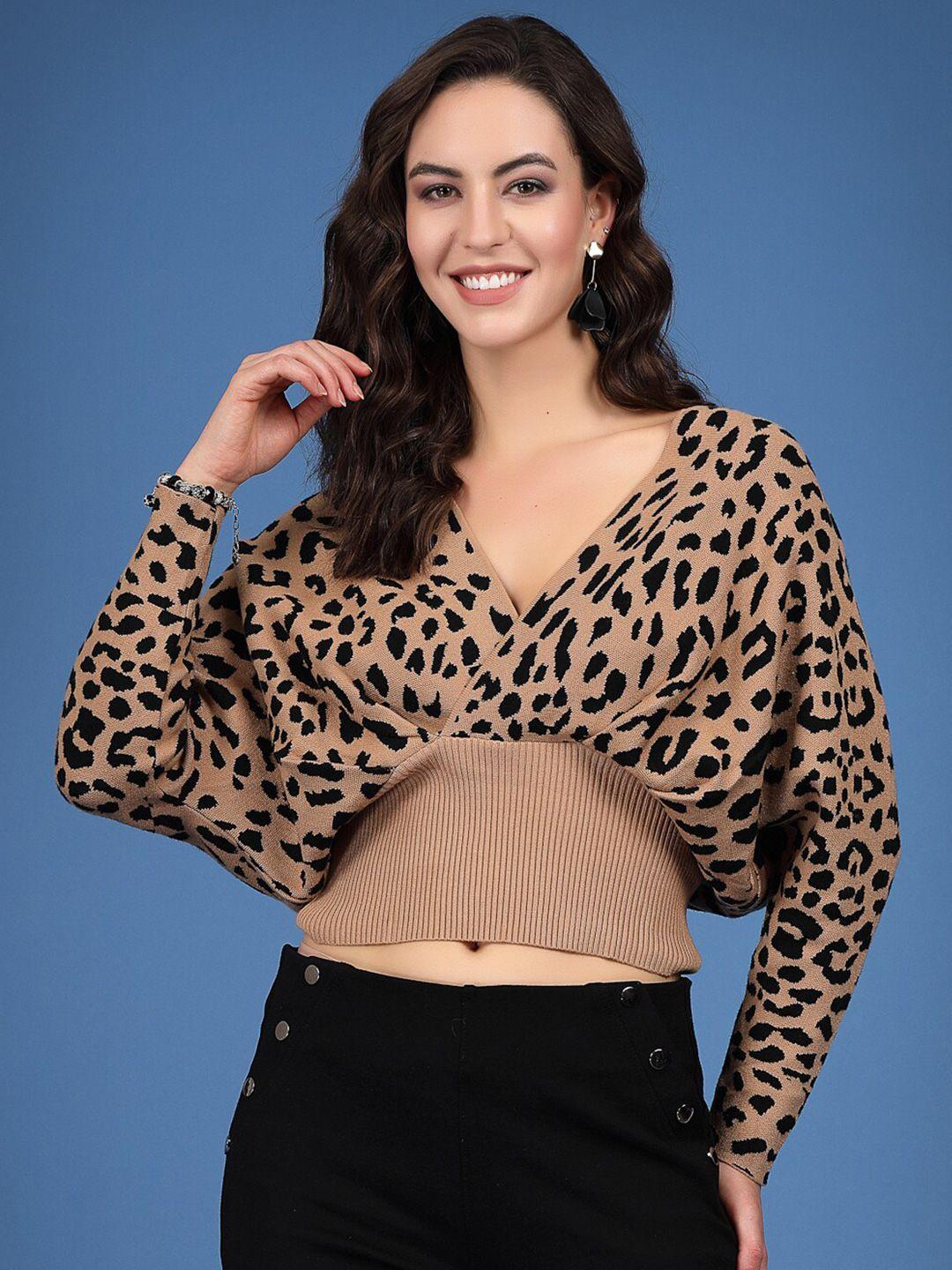 mafadeny women brown & black animal printed crop pullover