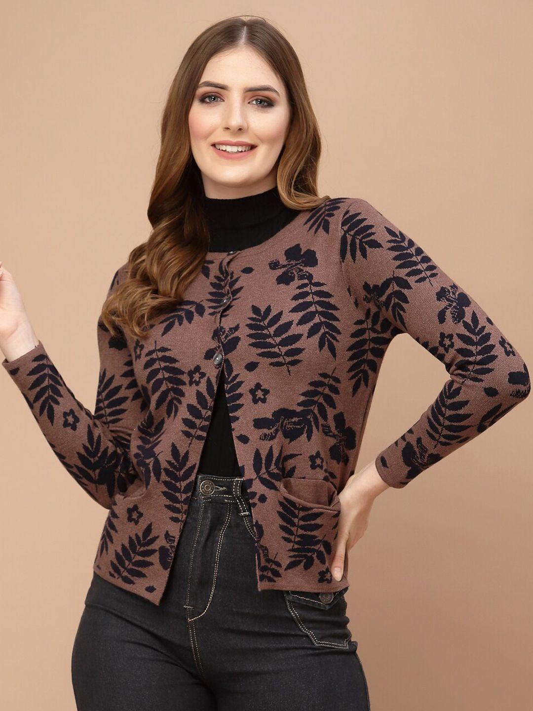 mafadeny women brown & navy blue floral cardigan