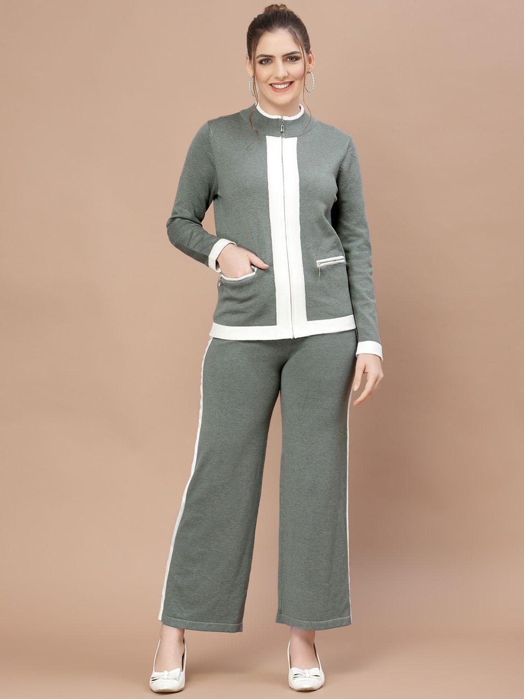 mafadeny women green solid cardigan & trousers