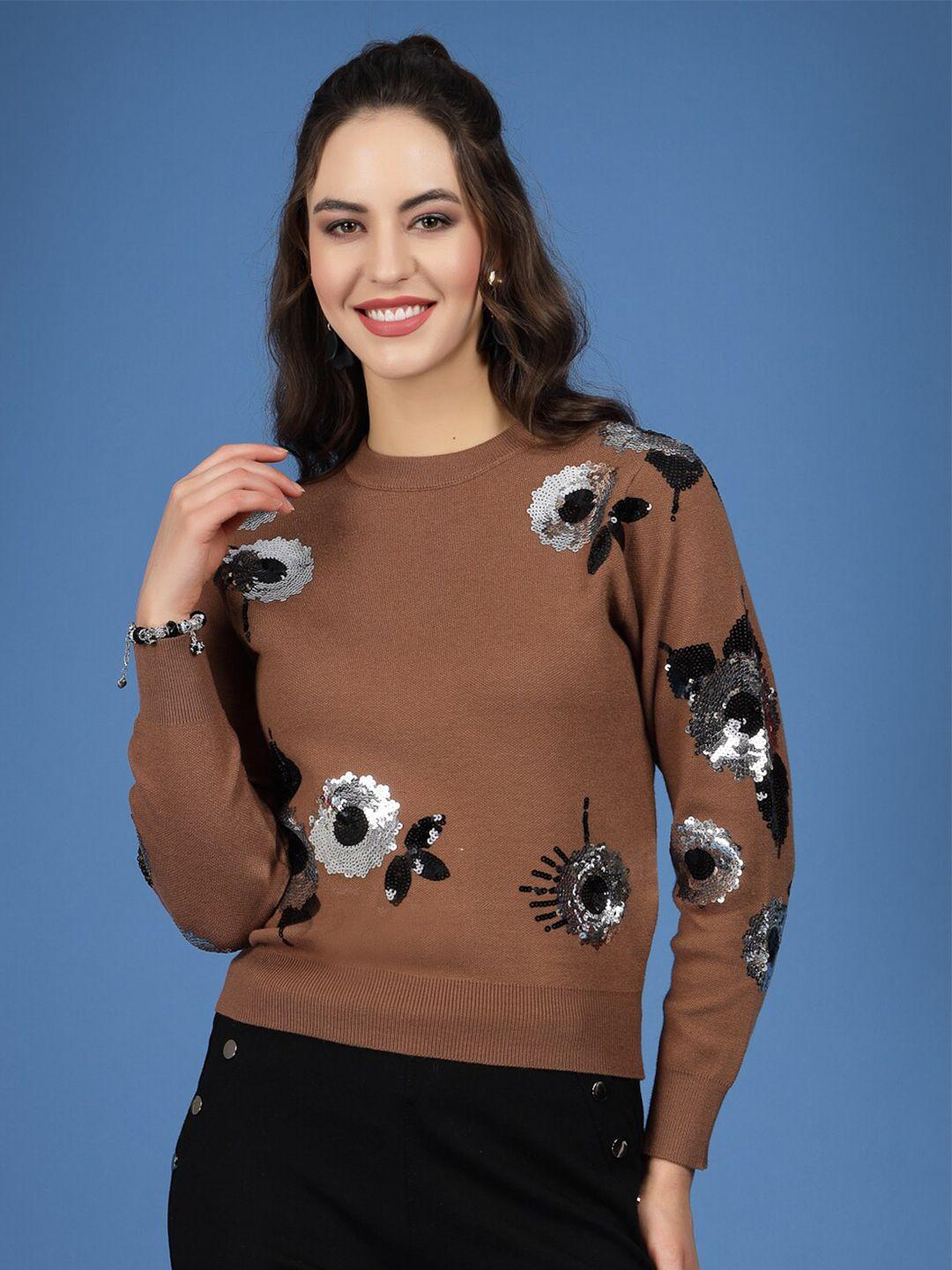 mafadeny women khaki & silver-toned embroidered pullover with embellished detail
