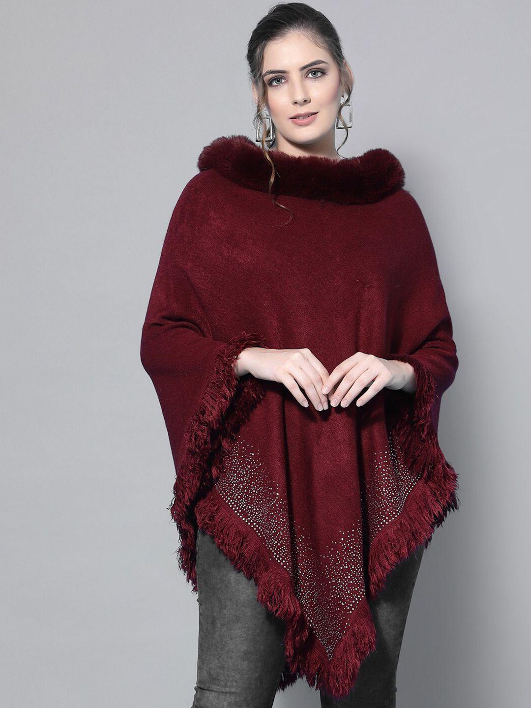 mafadeny women maroon embroidered poncho with embellished detail