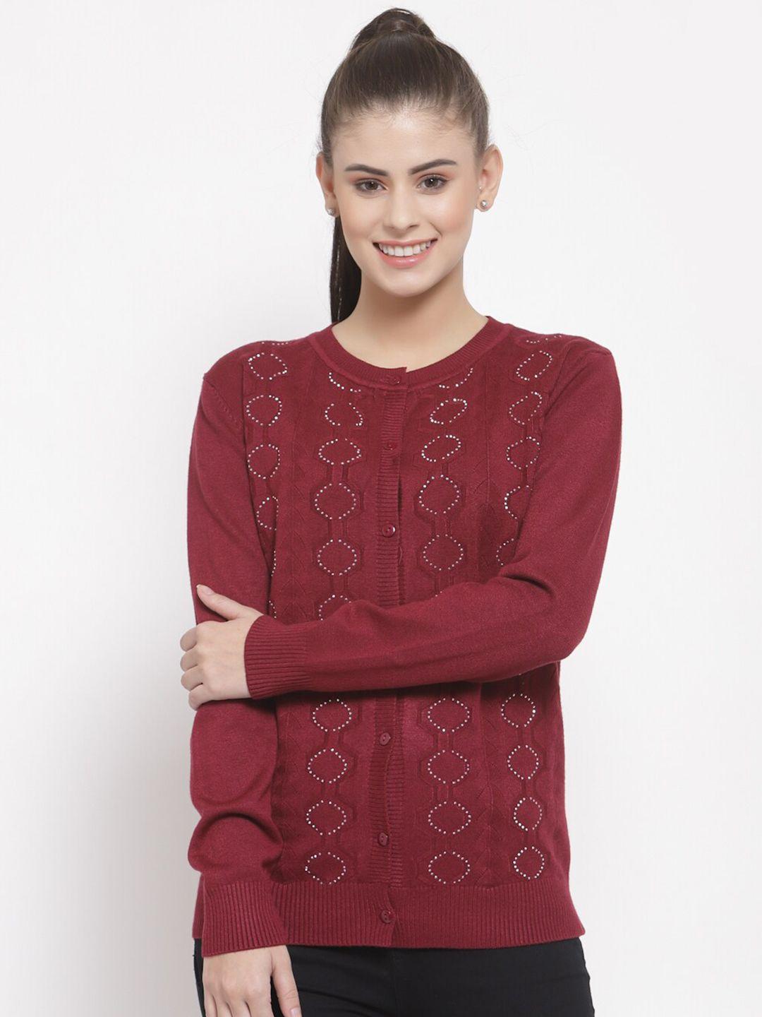 mafadeny women maroon geometric embroidered cardigan