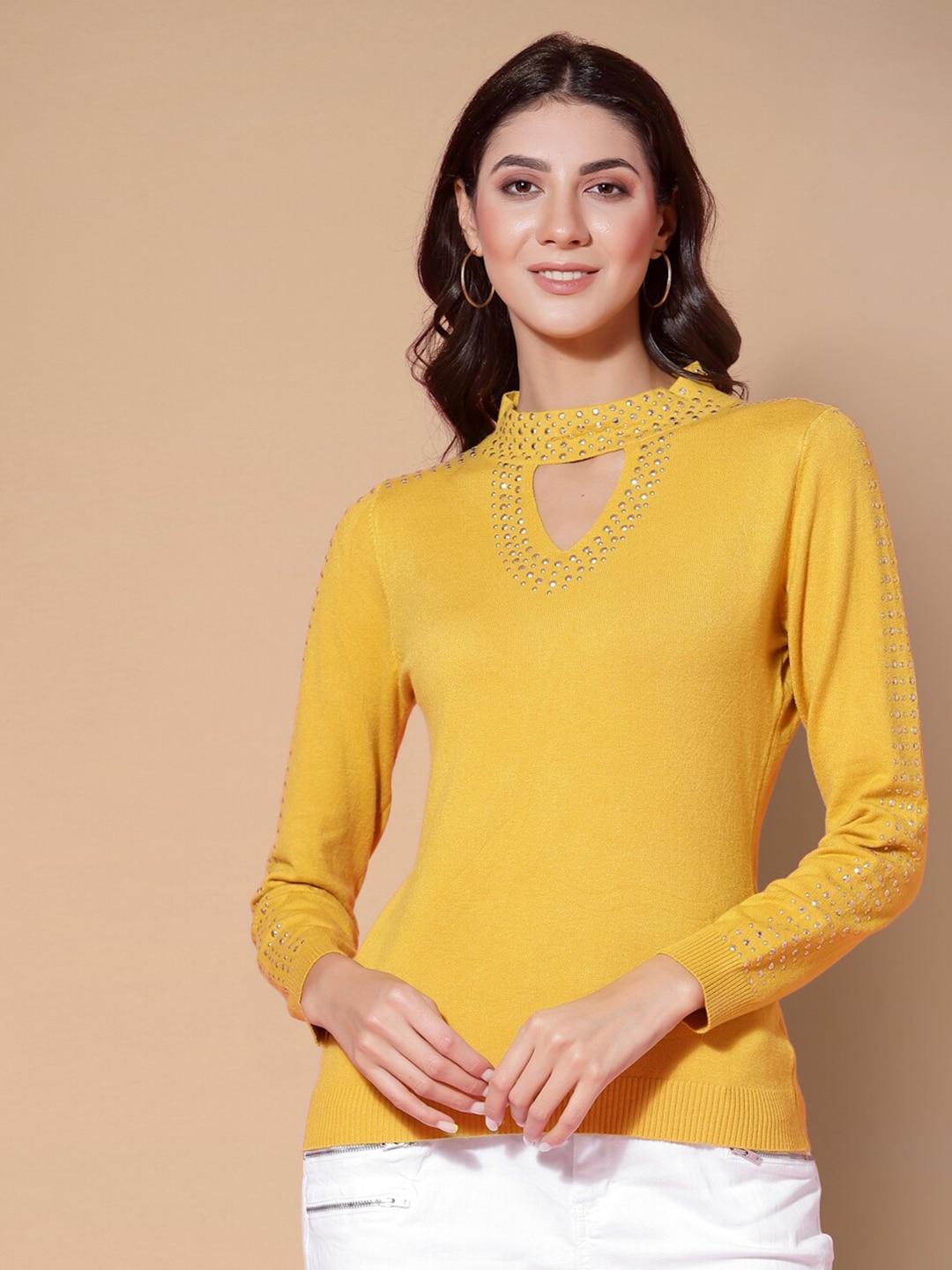 mafadeny women mustard embroidered pullover with embellished detail