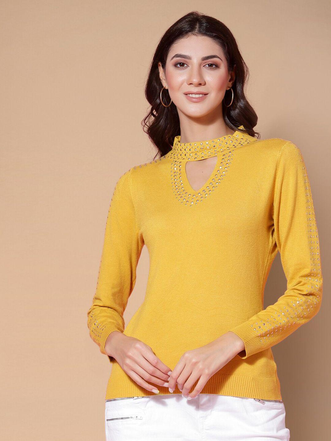 mafadeny women mustard embroidered pullover with embellished detail