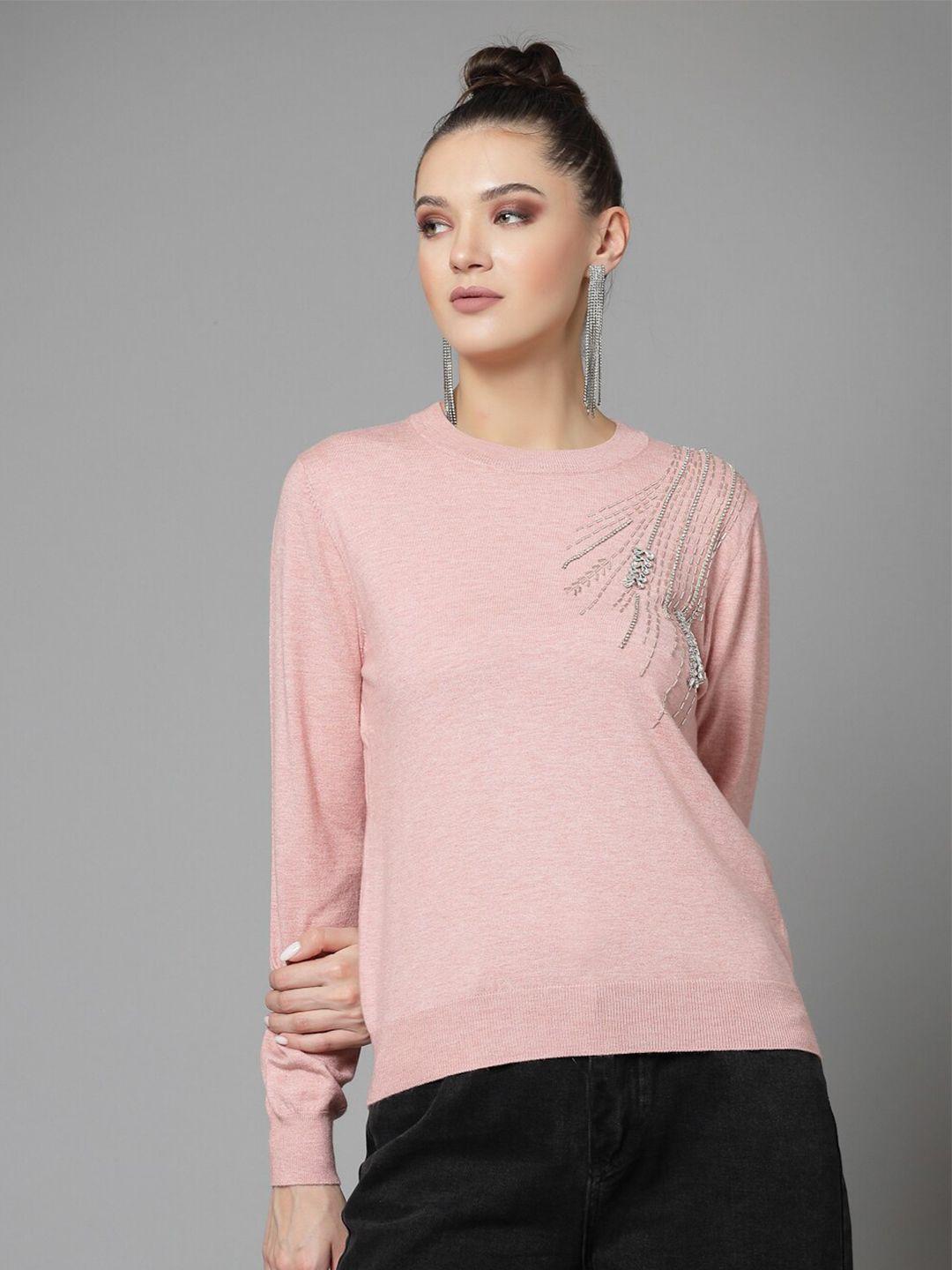 mafadeny women peach-coloured & silver-toned floral pullover with embellished detail