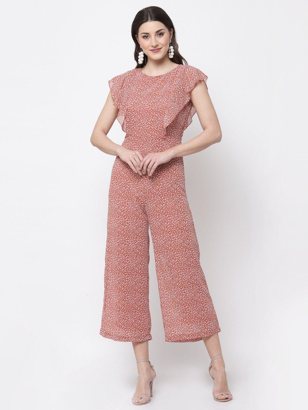 mafadeny women rust pink & white printed basic jumpsuit