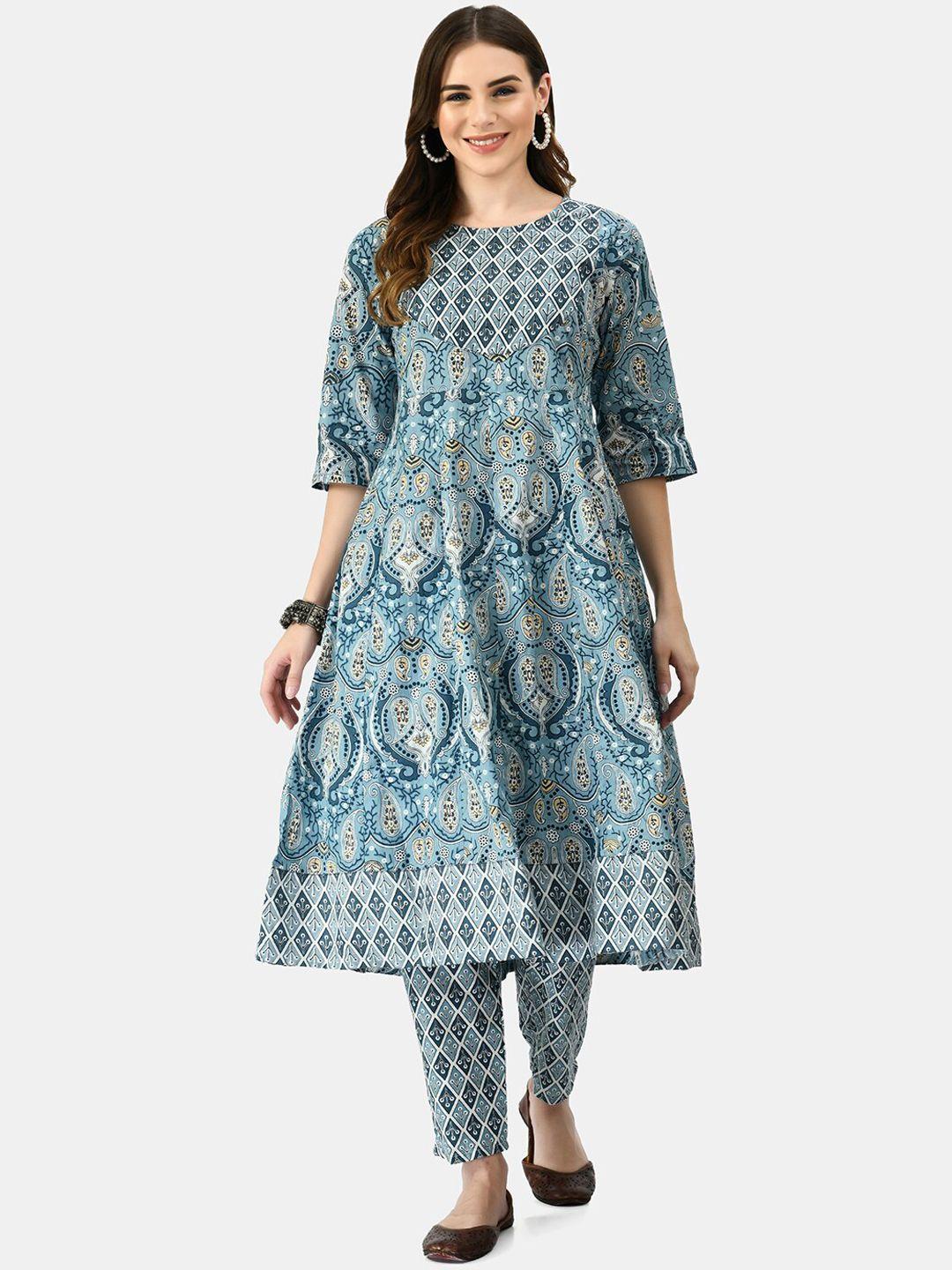 mafe women grey paisley printed pure cotton kurta with trousers