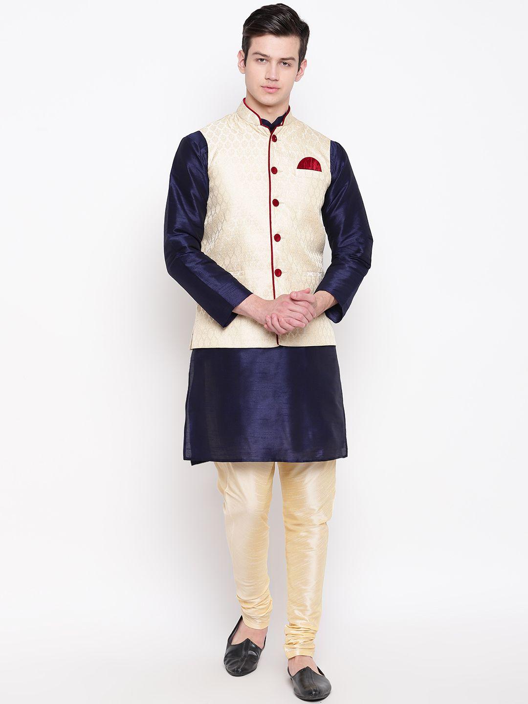 mag men navy blue & cream-coloured solid kurta with churidar & nehru jacket