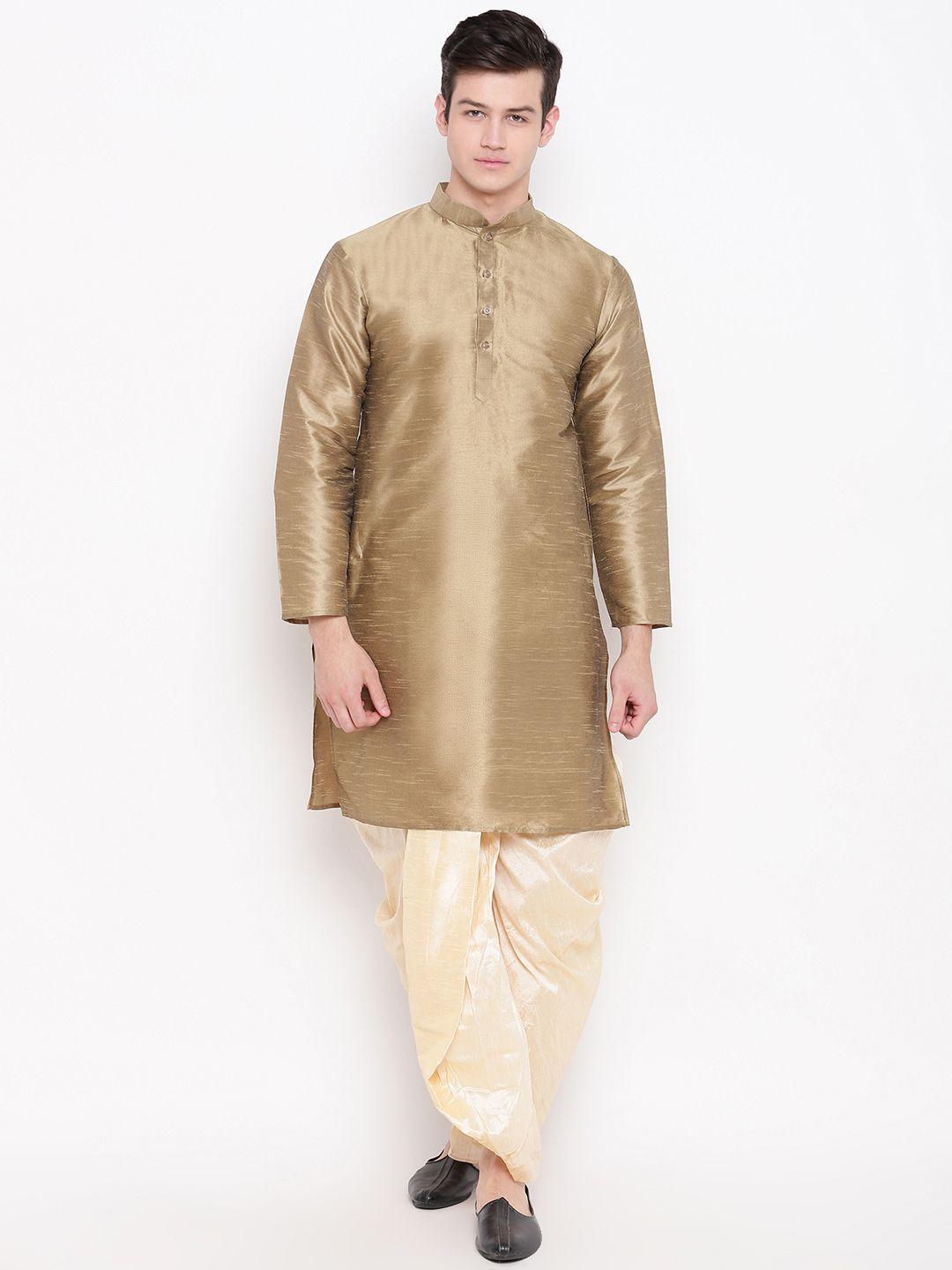 mag men beige & cream-coloured solid kurta with dhoti pants
