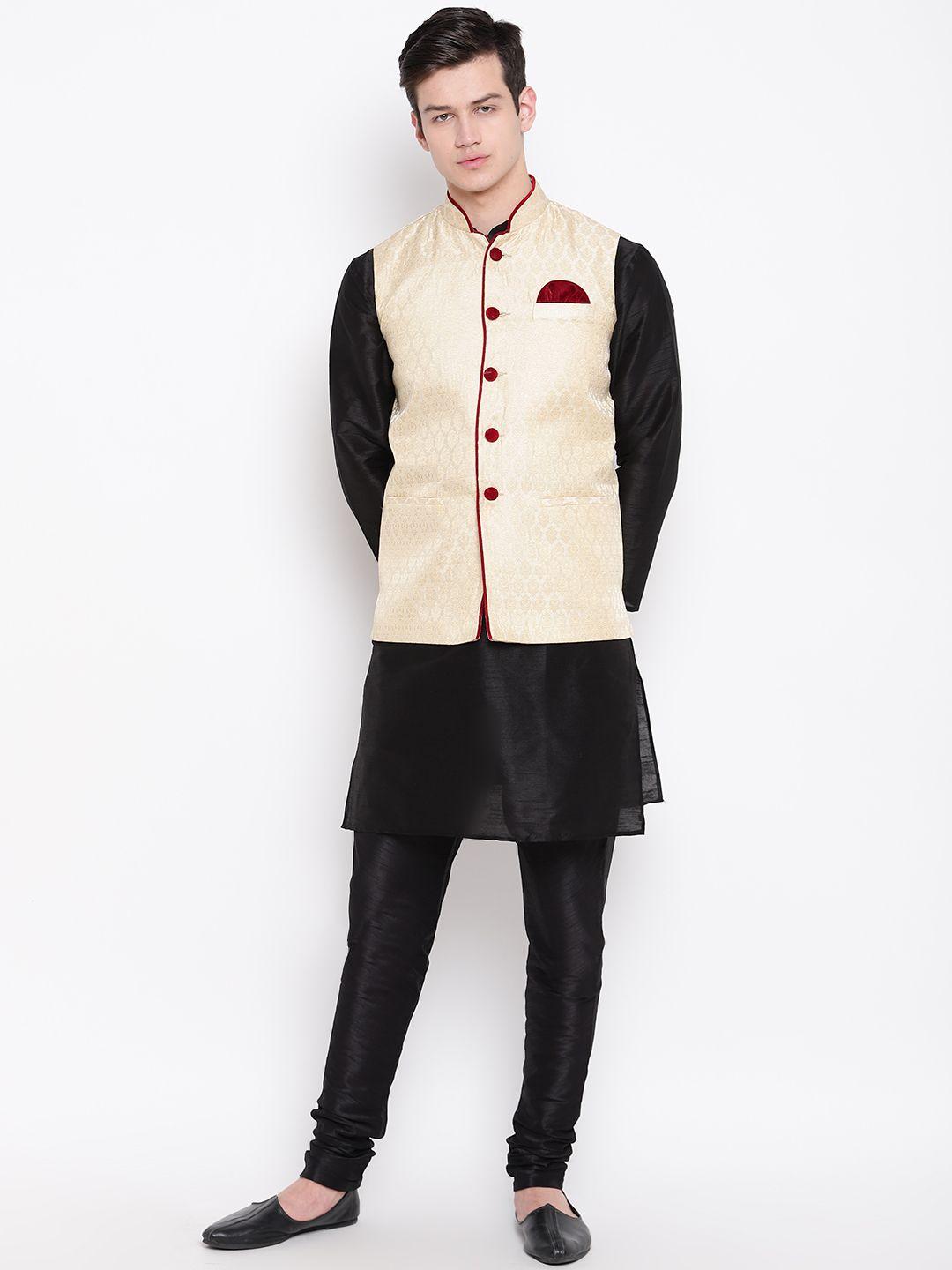 mag men black & cream-coloured solid kurta with churidar