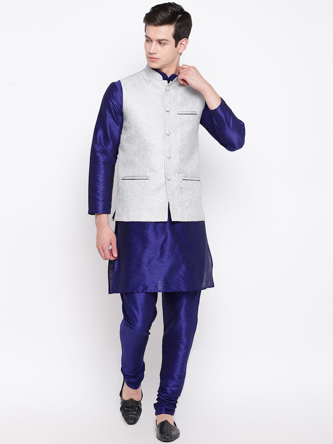 mag men blue solid kurta with churidar & nehru jacket