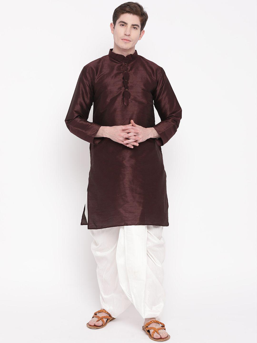 mag men burgundy & white solid kurta with dhoti pants