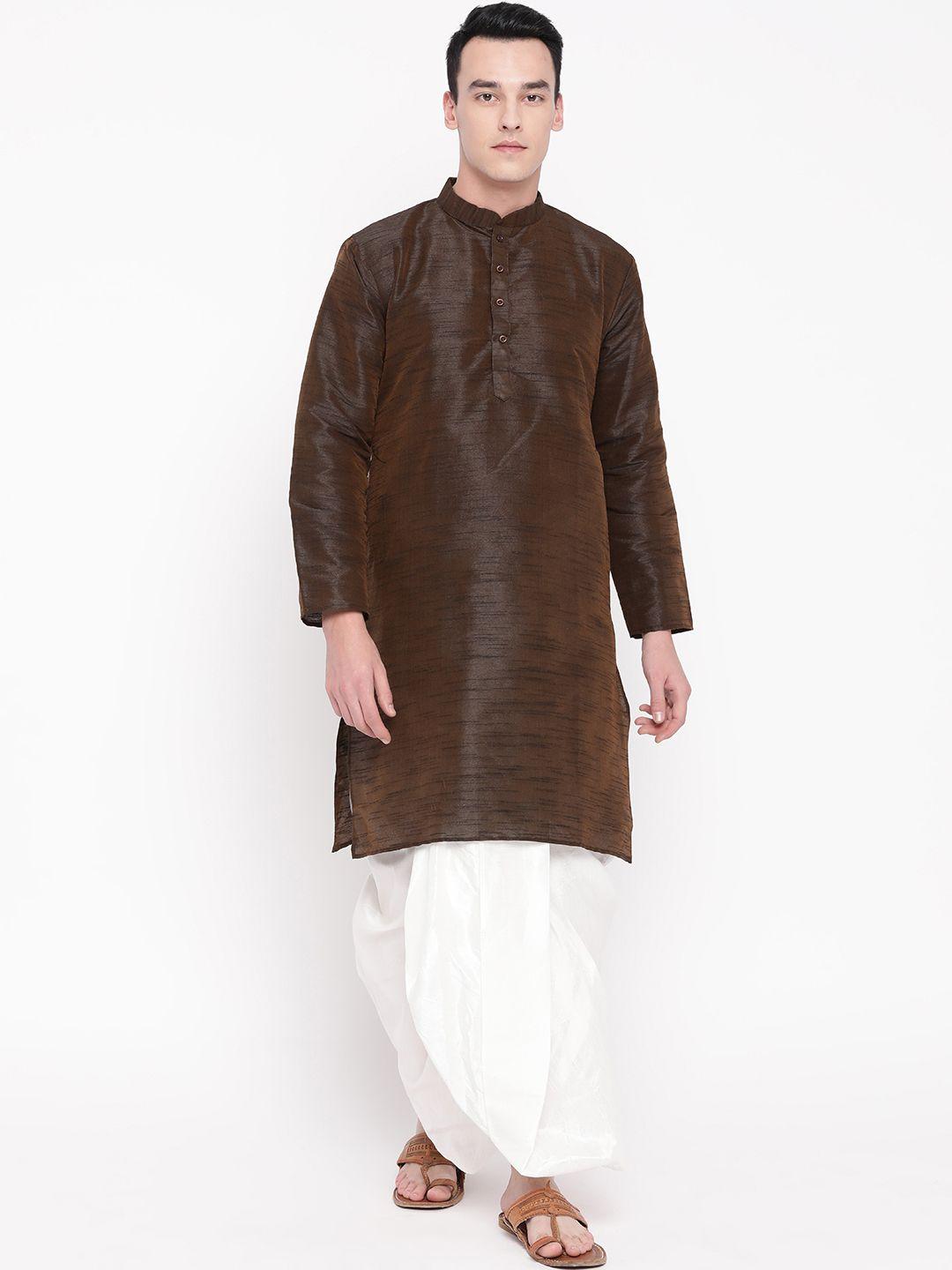 mag men coffee brown & white self design kurta with dhoti pants