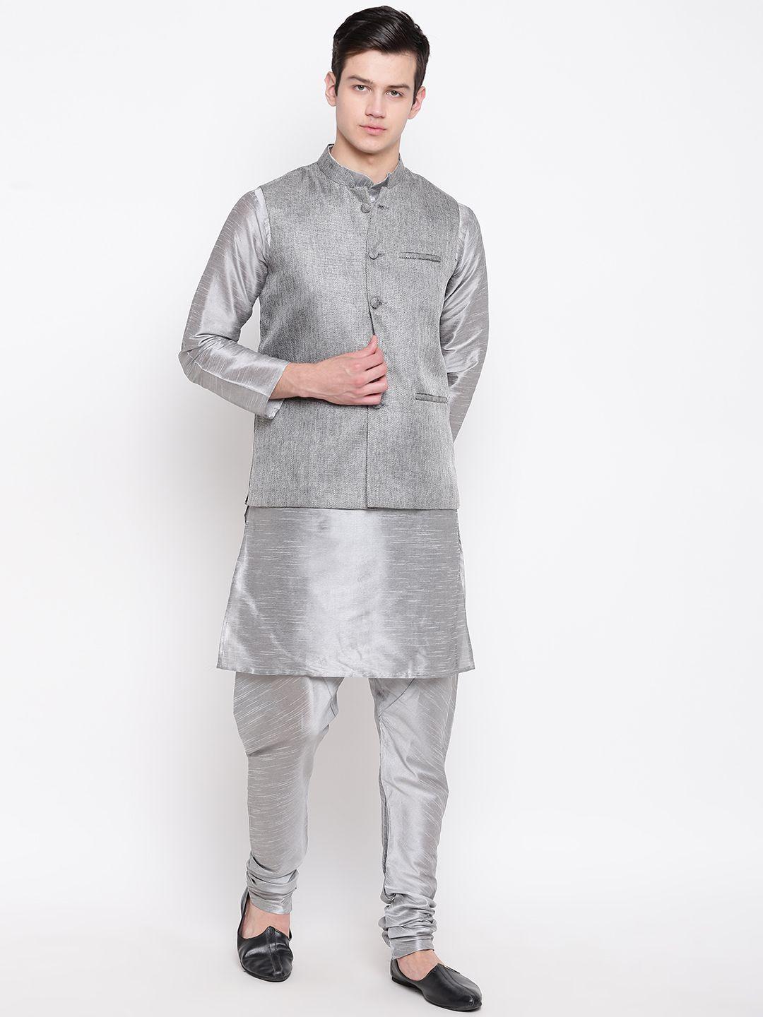 mag men silver self design kurta with churidar & jute nehru jacket