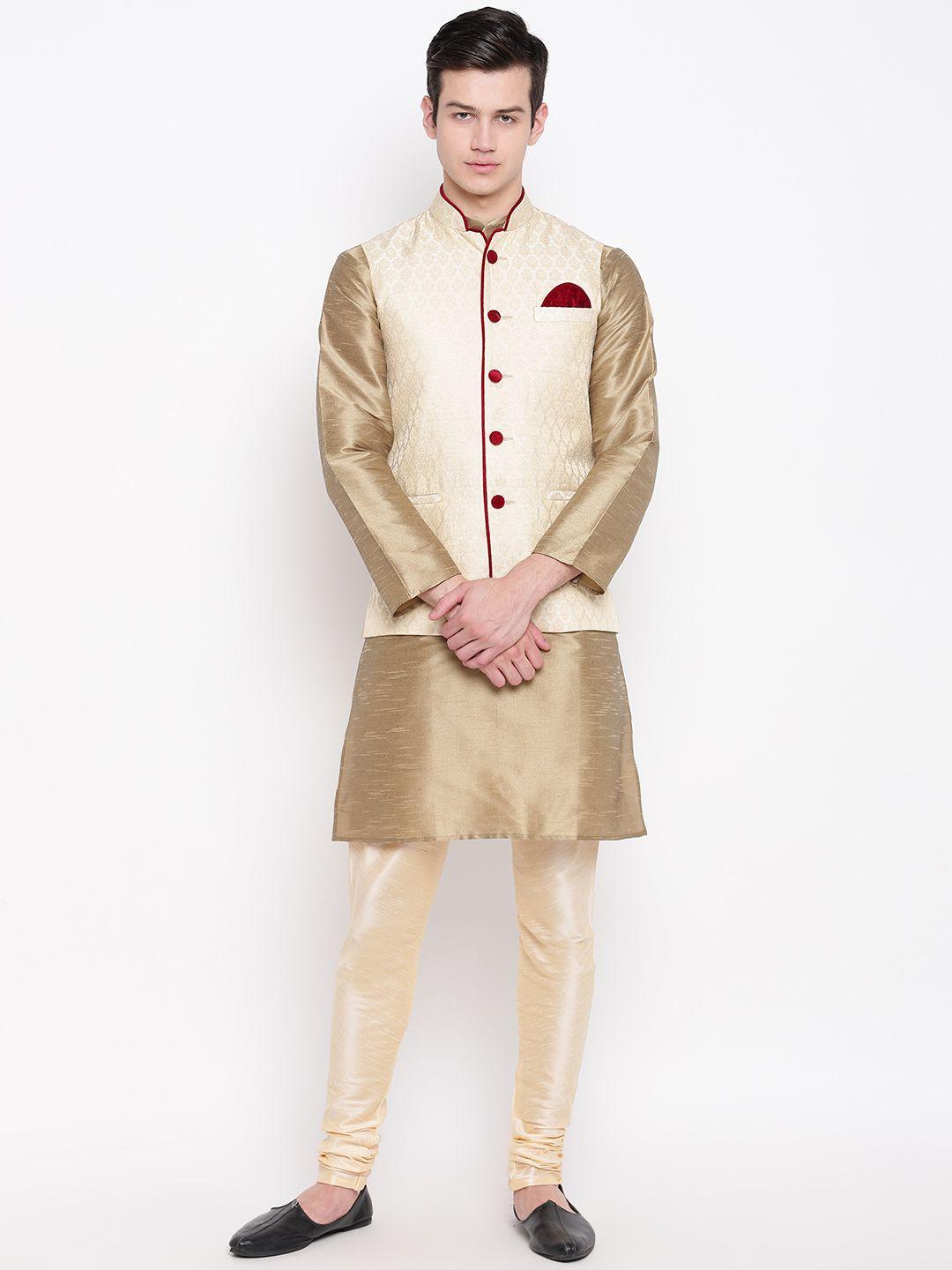 mag men taupe & cream-coloured self design kurta with churidar & nehru jacket