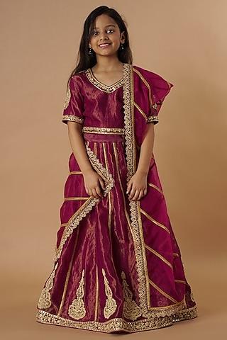 magenta chanderi & dhari tissue embroidered lehenga set for girls